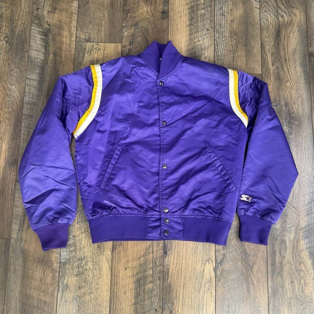 Vintage Starter NBA Authentics Blank Satin Bomber Jacket Purple Gold USA Small